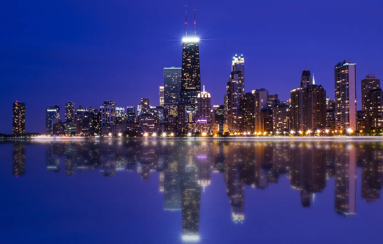 Photo wallpaper Chicago, Night, Skyline, Colors, Photography, Lake, Michigan, Reflection
