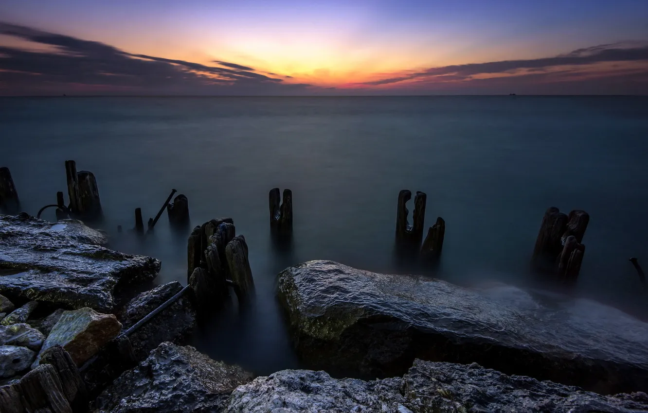 Photo wallpaper sea, landscape, sunset, rocks