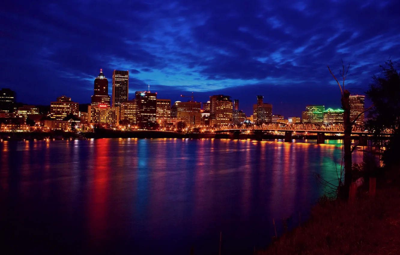 Photo wallpaper the sky, water, the city, lights, reflection, the evening, Oregon, Portland