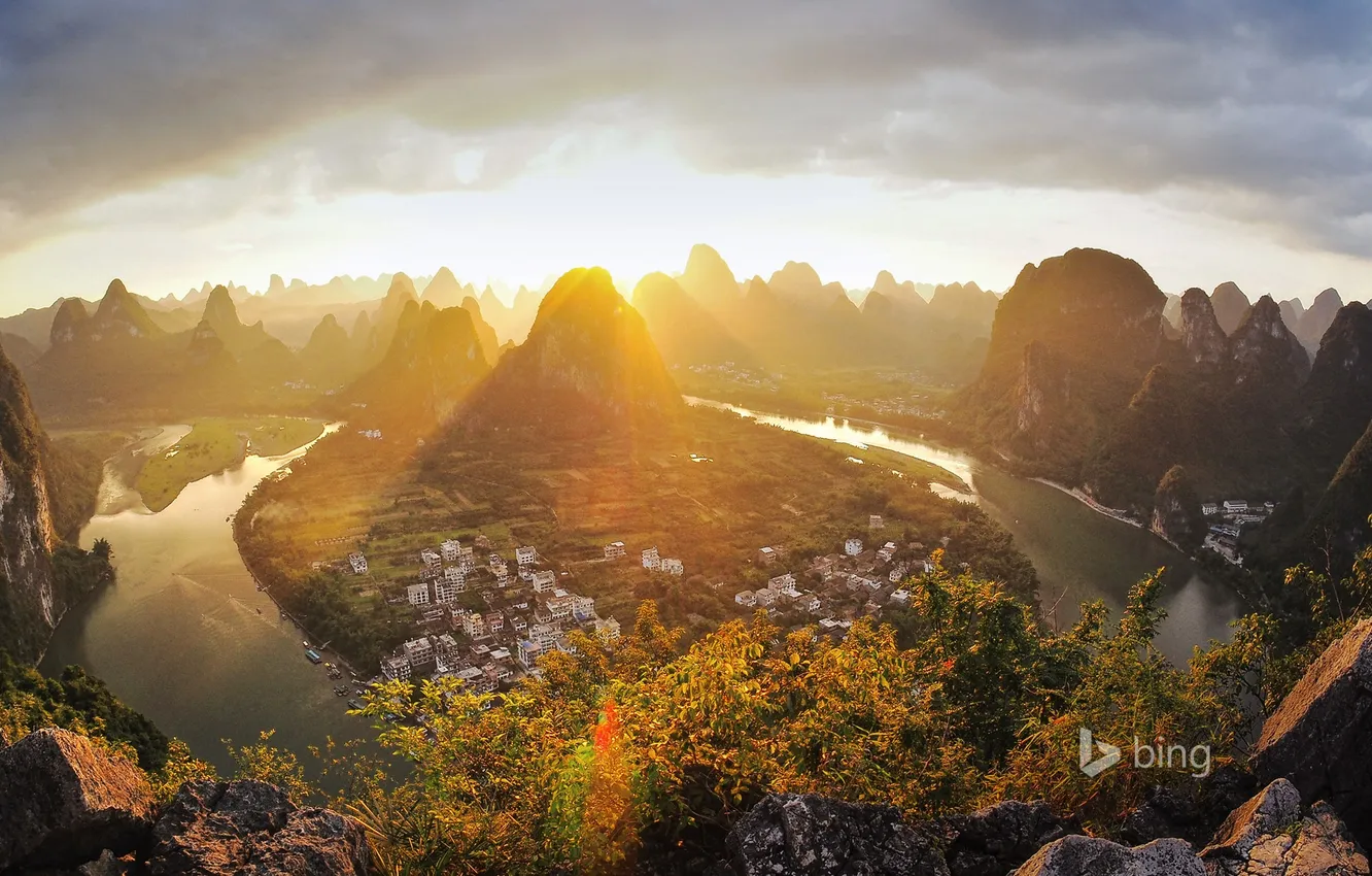 Photo wallpaper mountains, the city, rocks, home, China, Guangxi, Xingping, the river Lee
