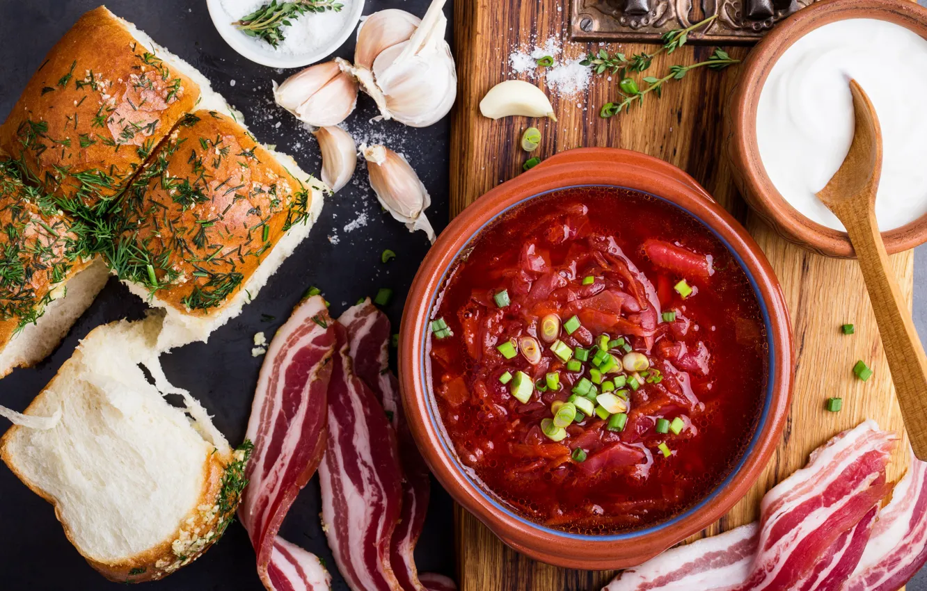 Photo wallpaper bacon, soup, garlic, sour cream, fat, dumplings