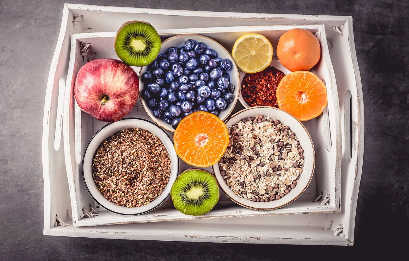 Photo wallpaper berries, background, lemon, apples, kiwi, blueberries, bowl, fruit