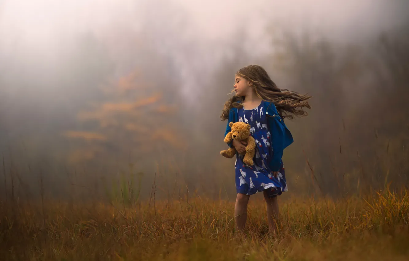 Photo wallpaper autumn, the wind, hair, toy, bear, girl