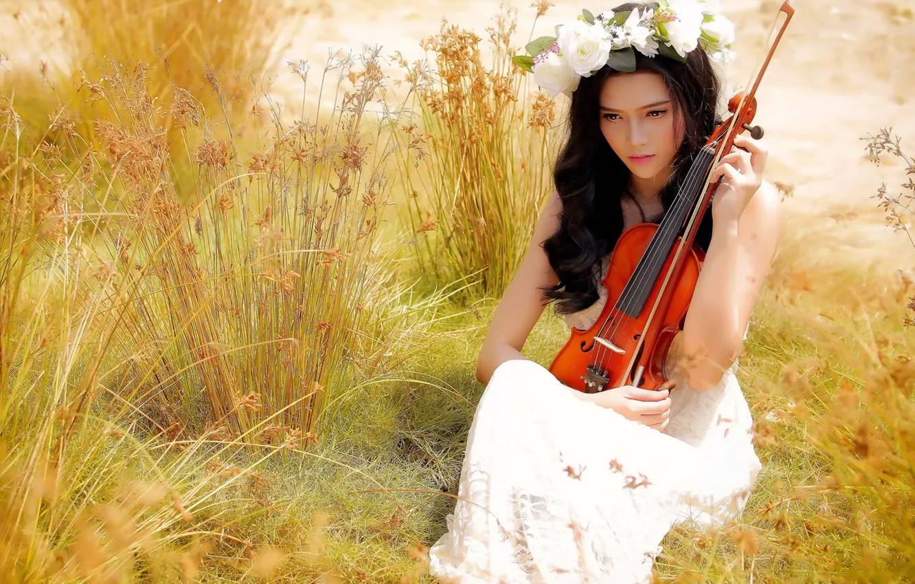 Photo wallpaper summer, girl, music, violin, Asian