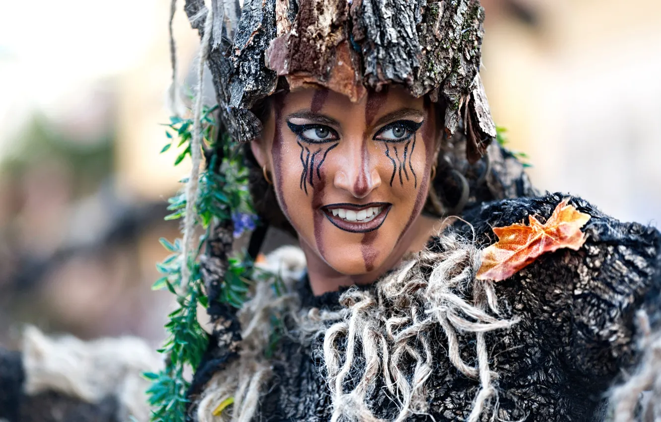 Photo wallpaper look, leaves, girl, decoration, style, portrait, makeup, costume