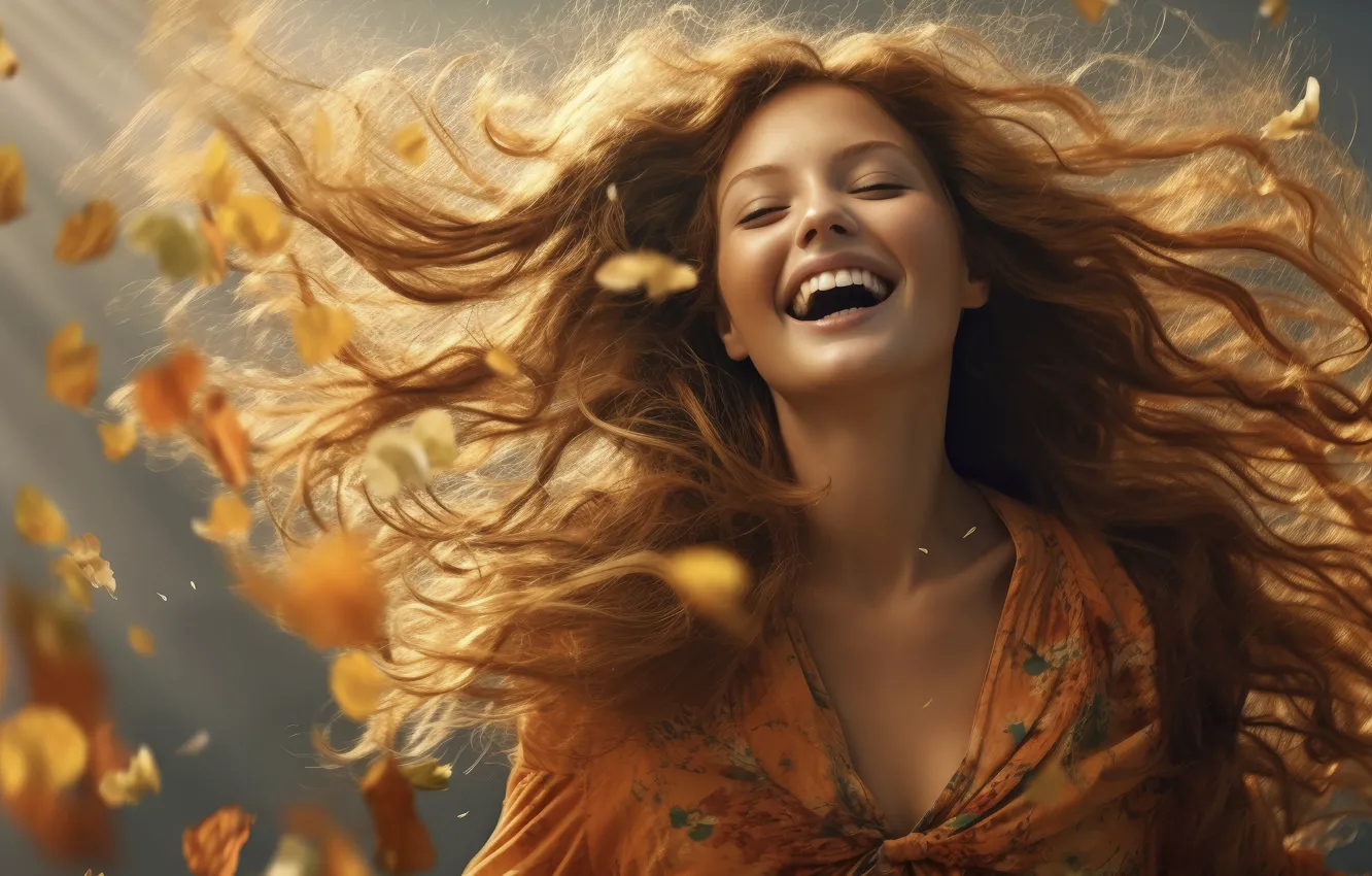 Photo wallpaper girl, joy, smile, hair, digital art, AI art, The Art of Artificial Intelligence, neural network