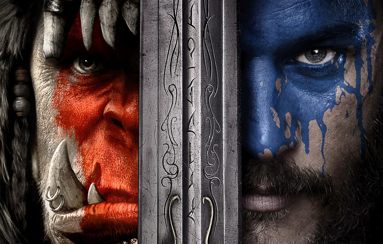 Photo wallpaper red, sword, Action, fantasy, Blizzard, Legendary Pictures, warcraft, blue