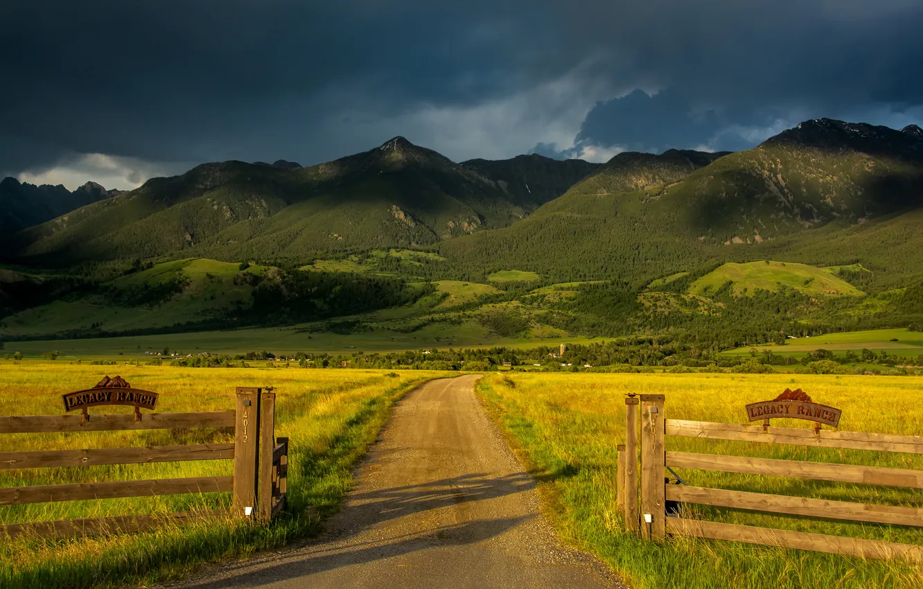 Photo wallpaper road, mountains, the fence