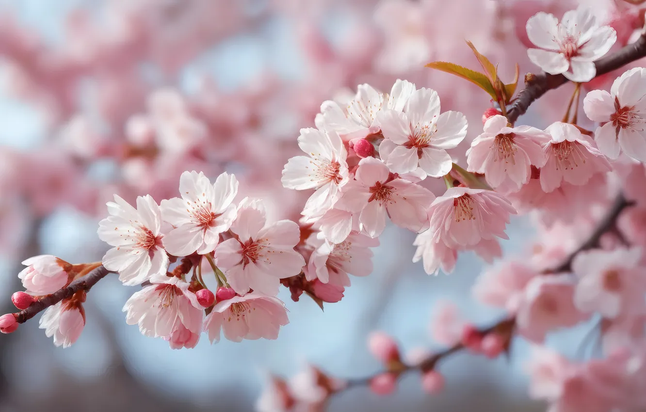 Photo wallpaper flowers, branches, cherry, spring, pink, flowering, bokeh, AI art