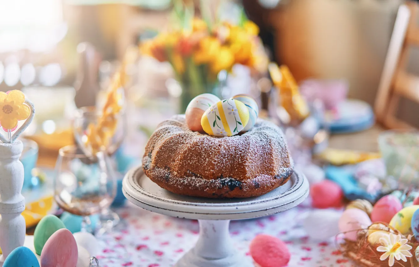 Photo wallpaper flowers, table, glass, food, eggs, pie, Easter, dishes