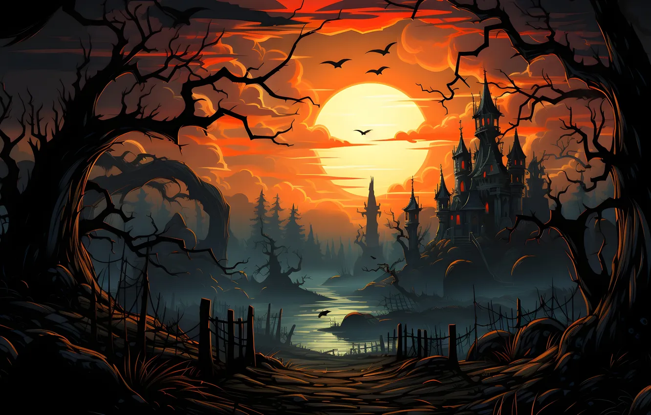 Photo wallpaper trees, night, clouds, lights, castle, the moon, Halloween, bats