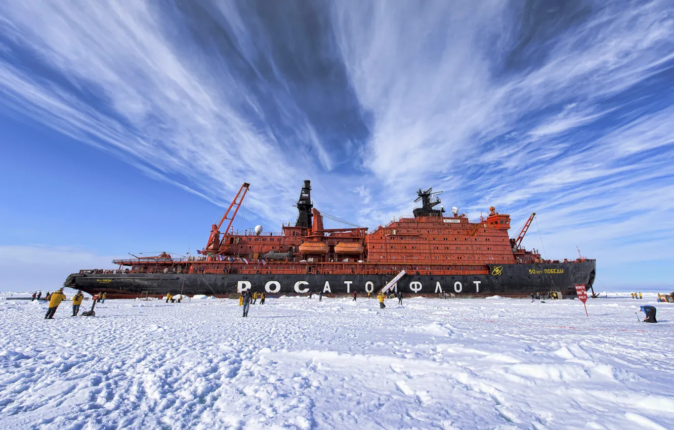 Photo wallpaper The sky, Winter, Ice, People, Day, Icebreaker, The ship, Russia