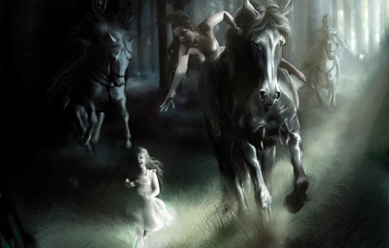 Photo wallpaper horse, figure, chase, girl