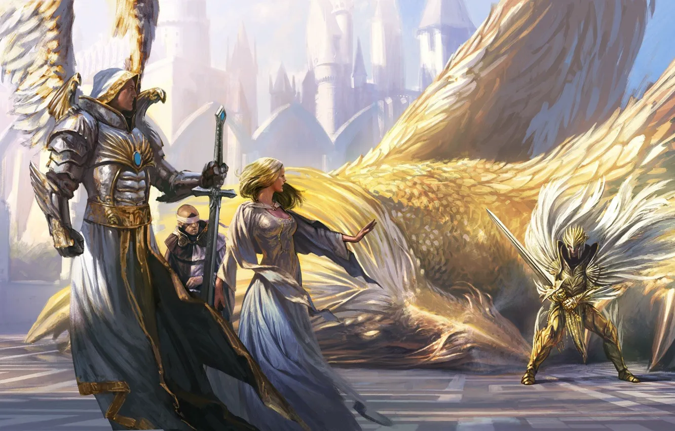 Photo wallpaper sword, fantasy, game, armor, weapon, wings, angel, dragon