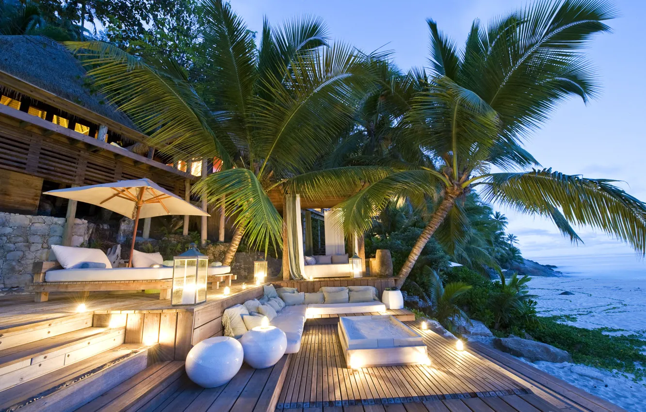 Photo wallpaper palm trees, the ocean, shore, terrace