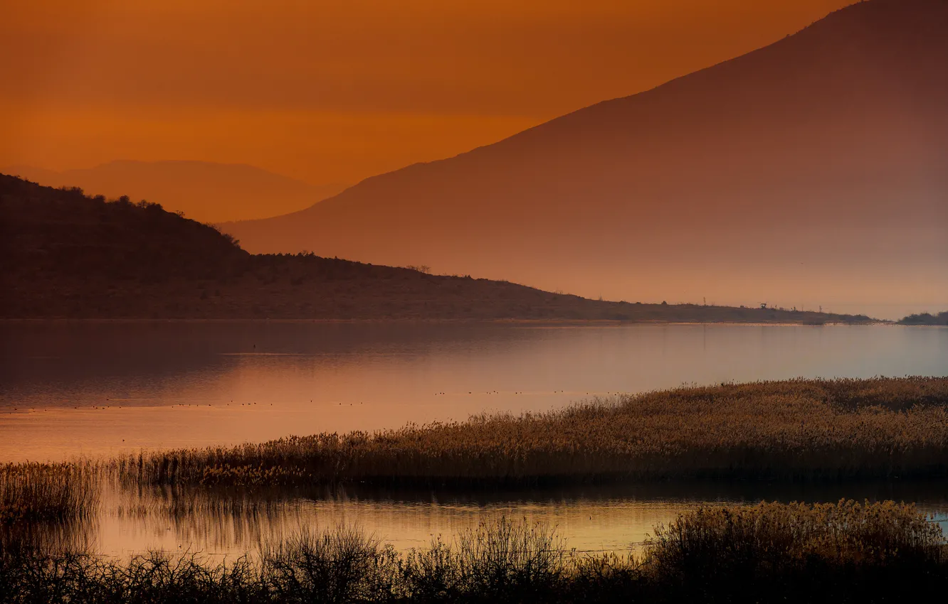 Photo wallpaper mountains, lake, dawn, haze, kamyshi