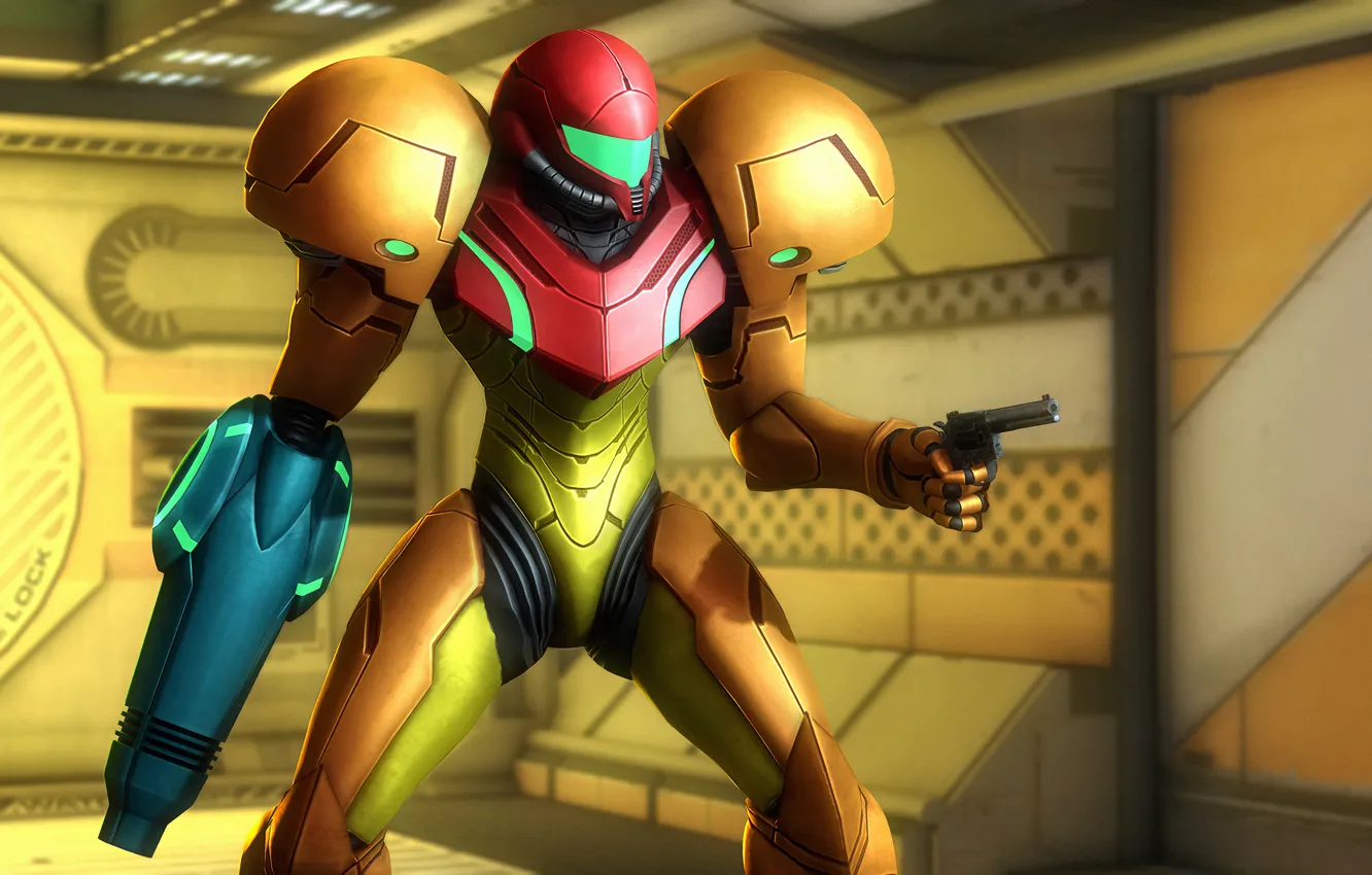 Photo wallpaper girl, rendering, helmet, armor, revolver, Samus Aran, Metroid