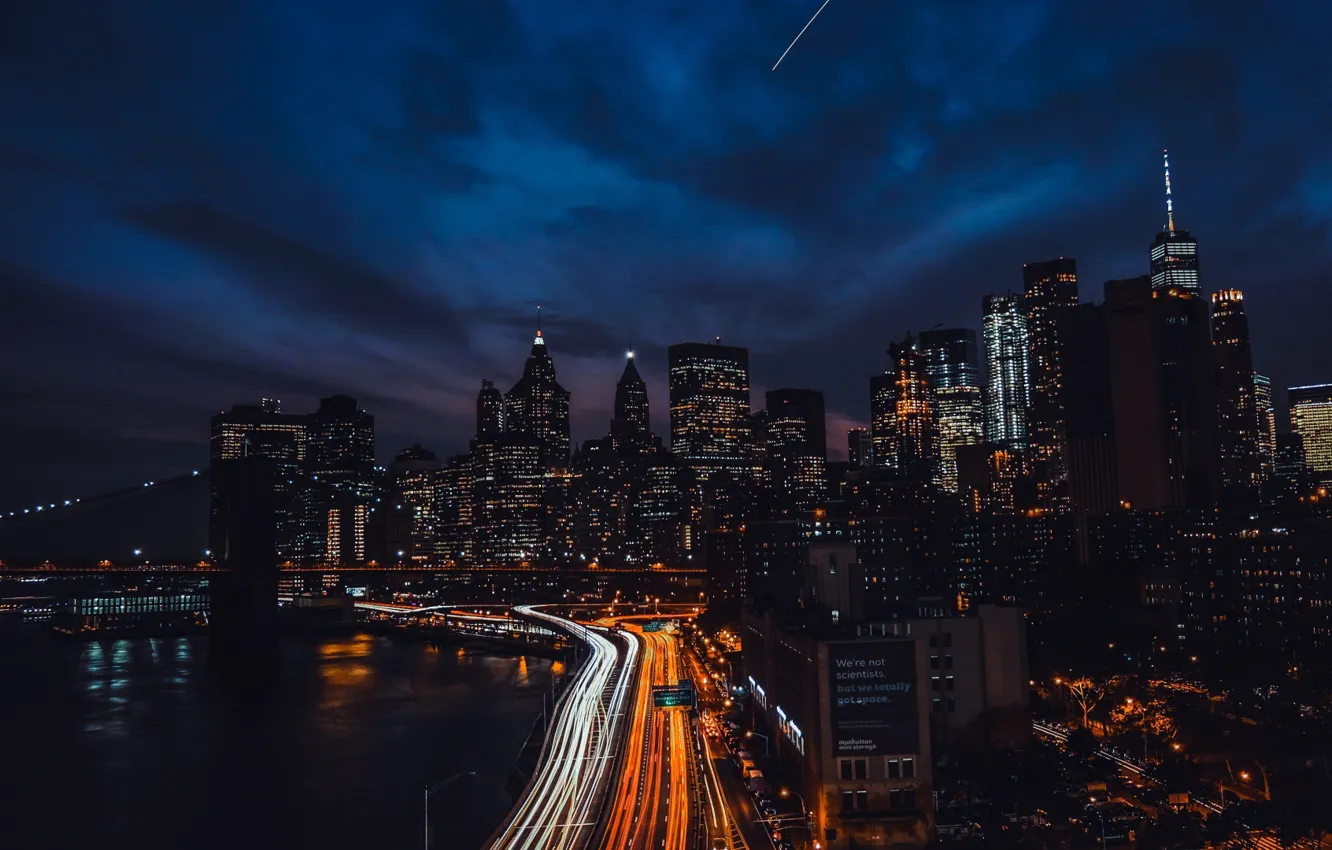 Photo wallpaper skyscrapers, Brooklyn bridge, promenade, New York, usa, night city lights