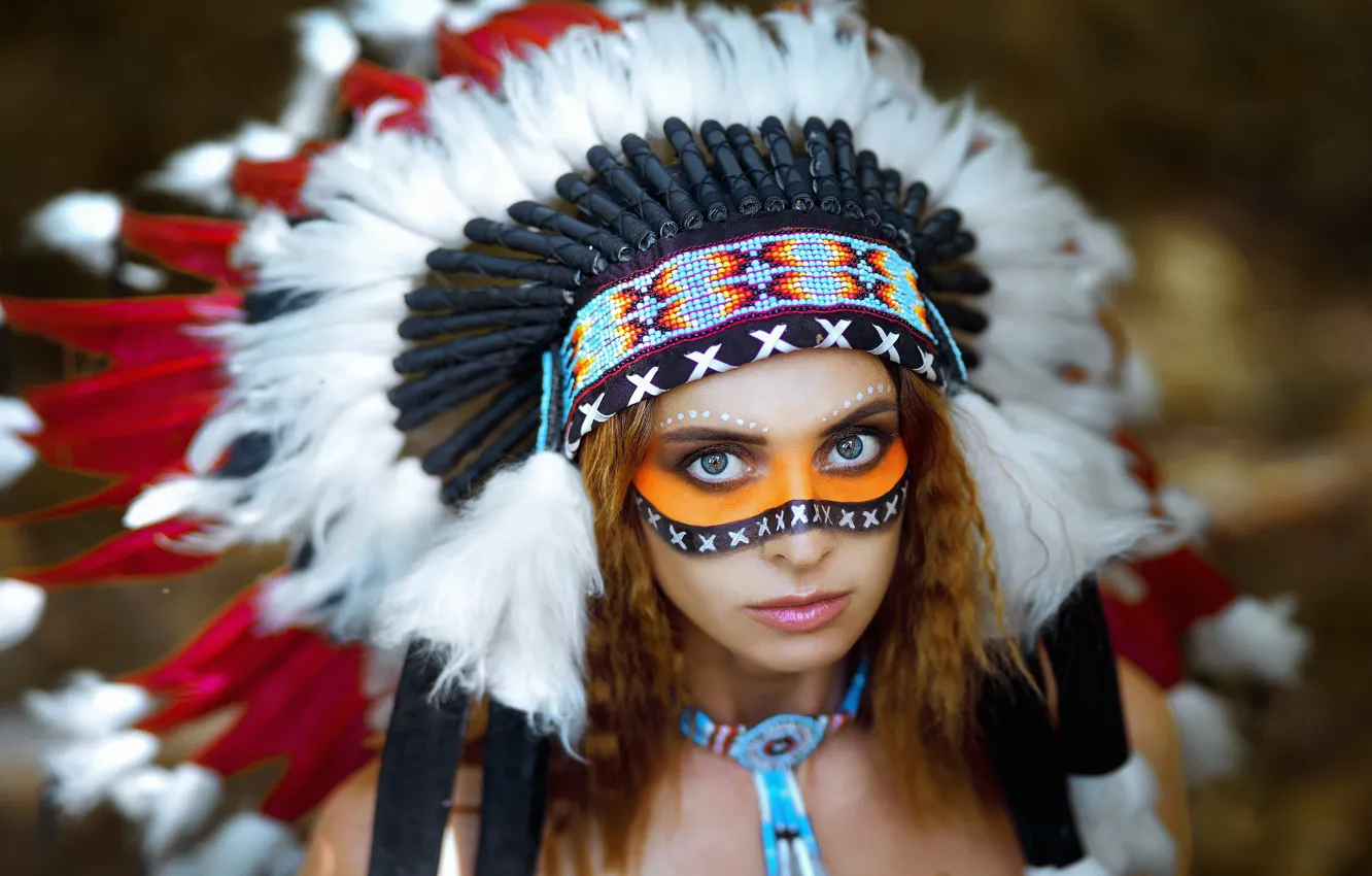 Photo wallpaper look, girl, face, feathers, paint, roach, Vyacheslav Turcan, Evgeniya Ivanova