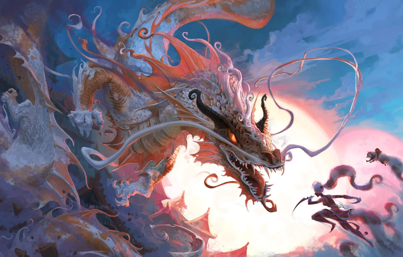 Photo wallpaper weapon, women, dragon, digital art, fighting, artwork, mask, creature