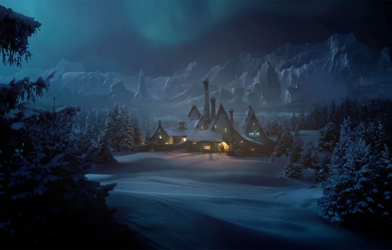 Photo wallpaper snow, trees, mountains, lights, house, Winter