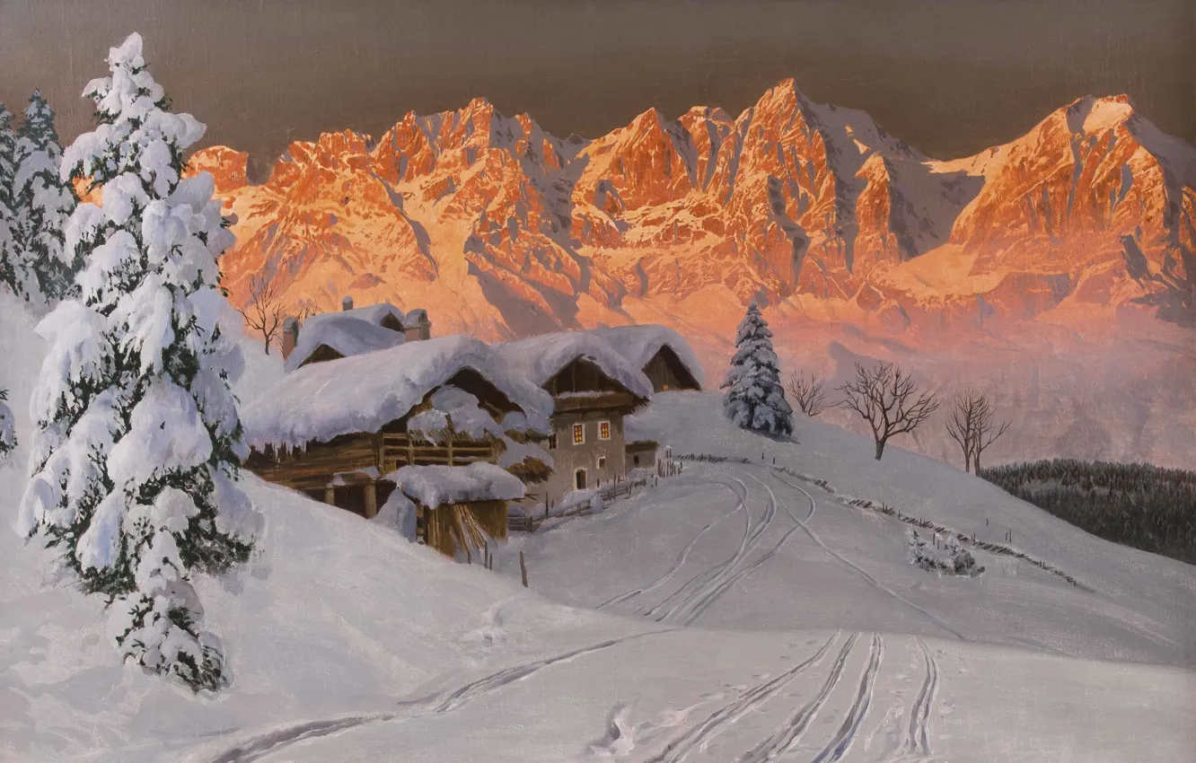 Photo wallpaper Alois Arnegger, Austrian painter, Austrian painter, oil on canvas, Alois Arnegger, Winter evening mood in …