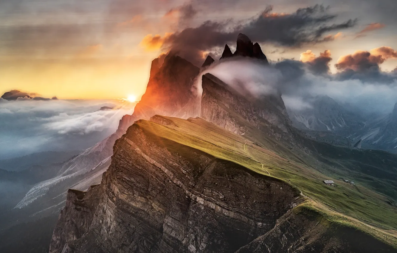 Photo wallpaper Light, Clouds, Mountain, Alps, Fog, Dolomites