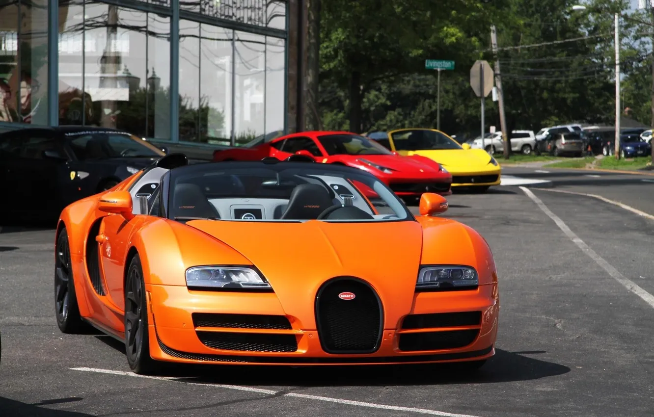 Photo wallpaper Roadster, Bugatti, Veyron, orange, Ferrari 458 Italia, Supercar, Grand Sport, Vitesse
