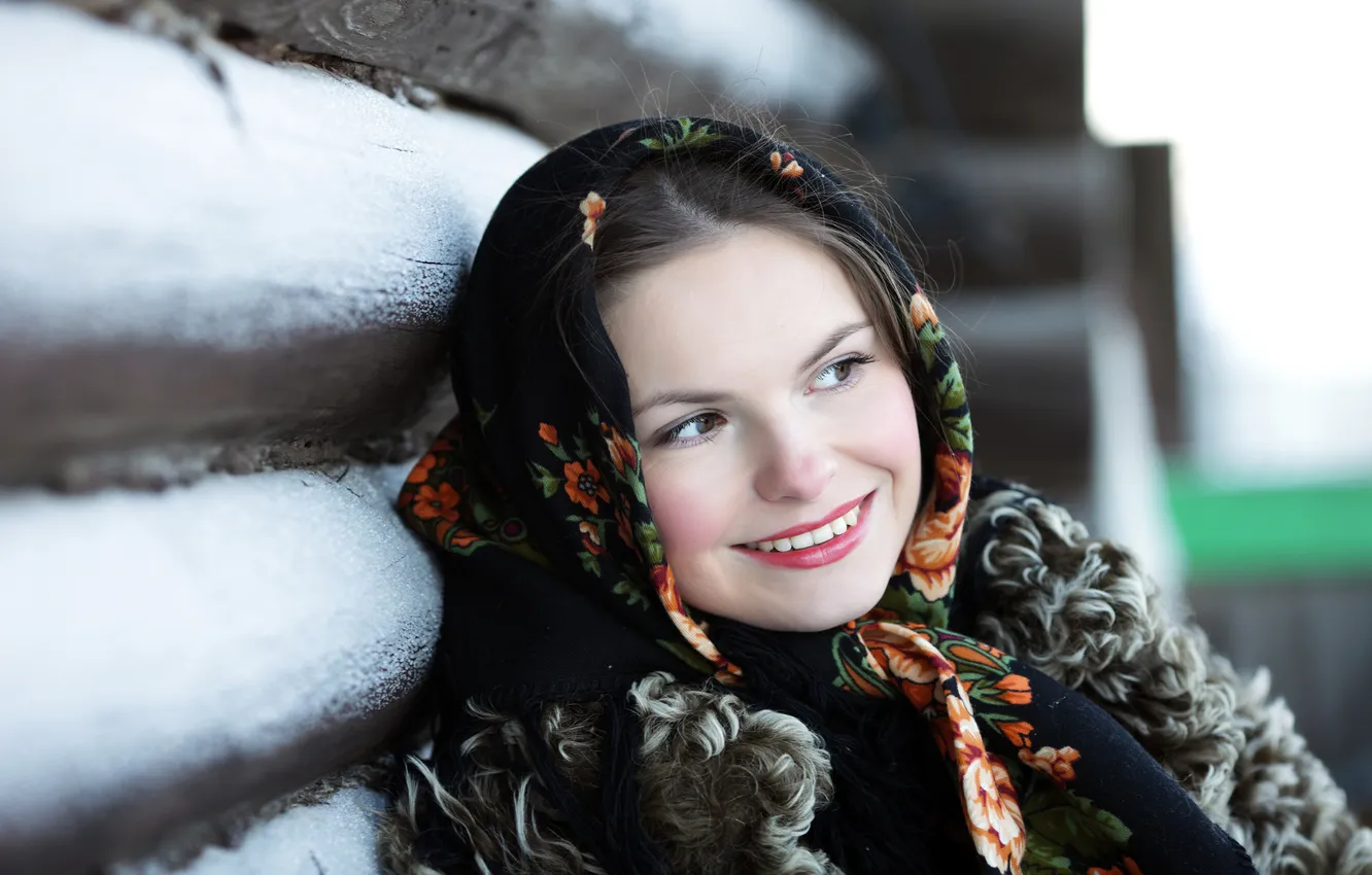 Photo wallpaper girl, smile, shawl, hut, Russian