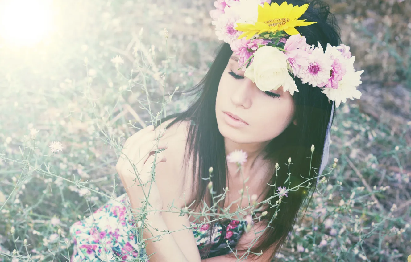 Photo wallpaper grass, girl, flowers, wreath