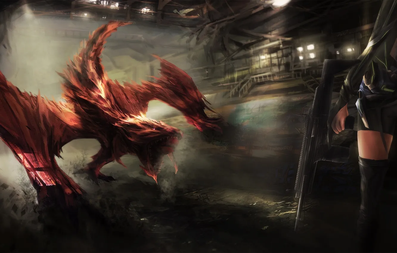Photo wallpaper girl, weapons, fiction, dragon, art, the room