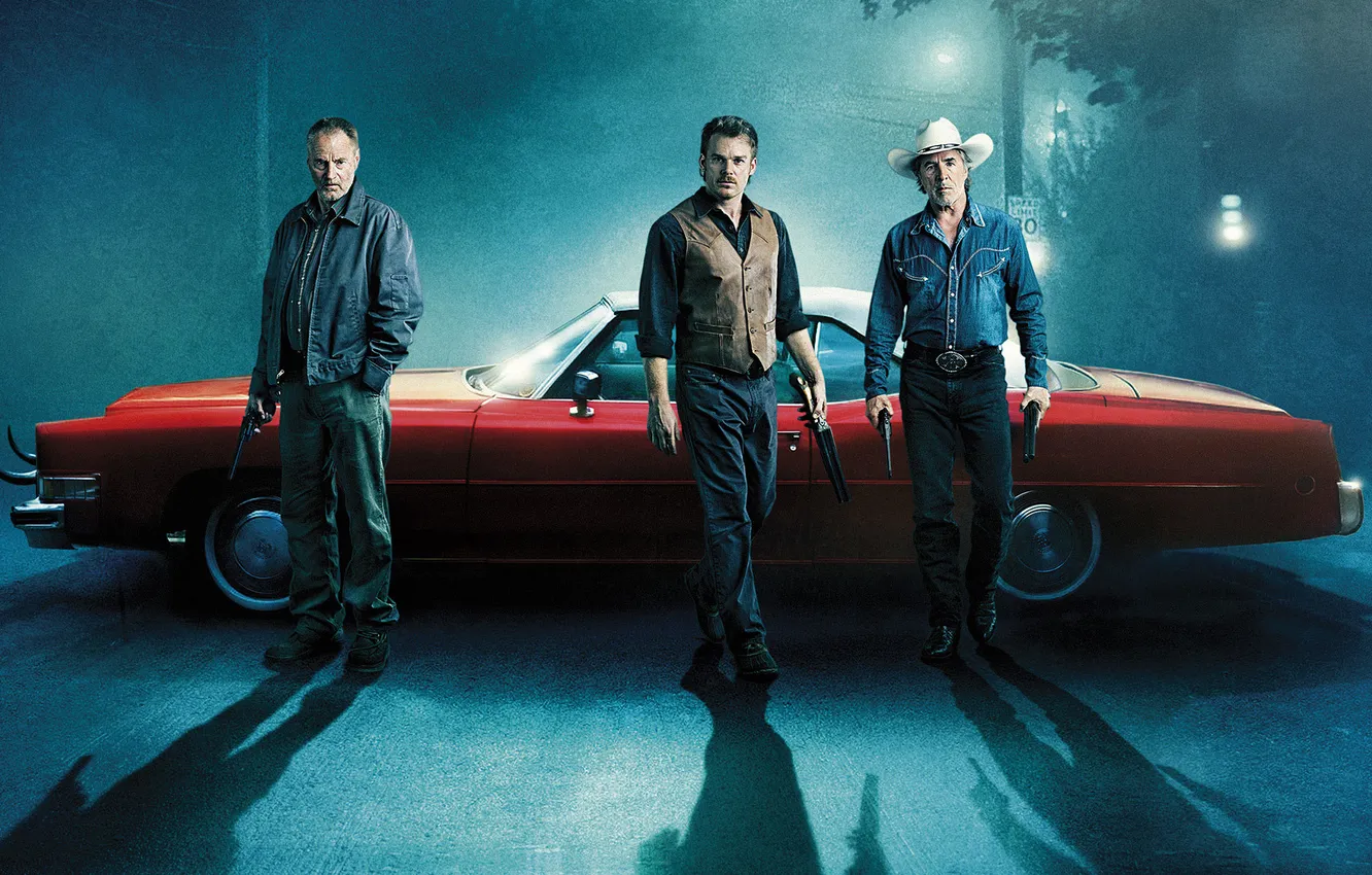 Photo wallpaper road, machine, light, night, red, weapons, shadow, hat