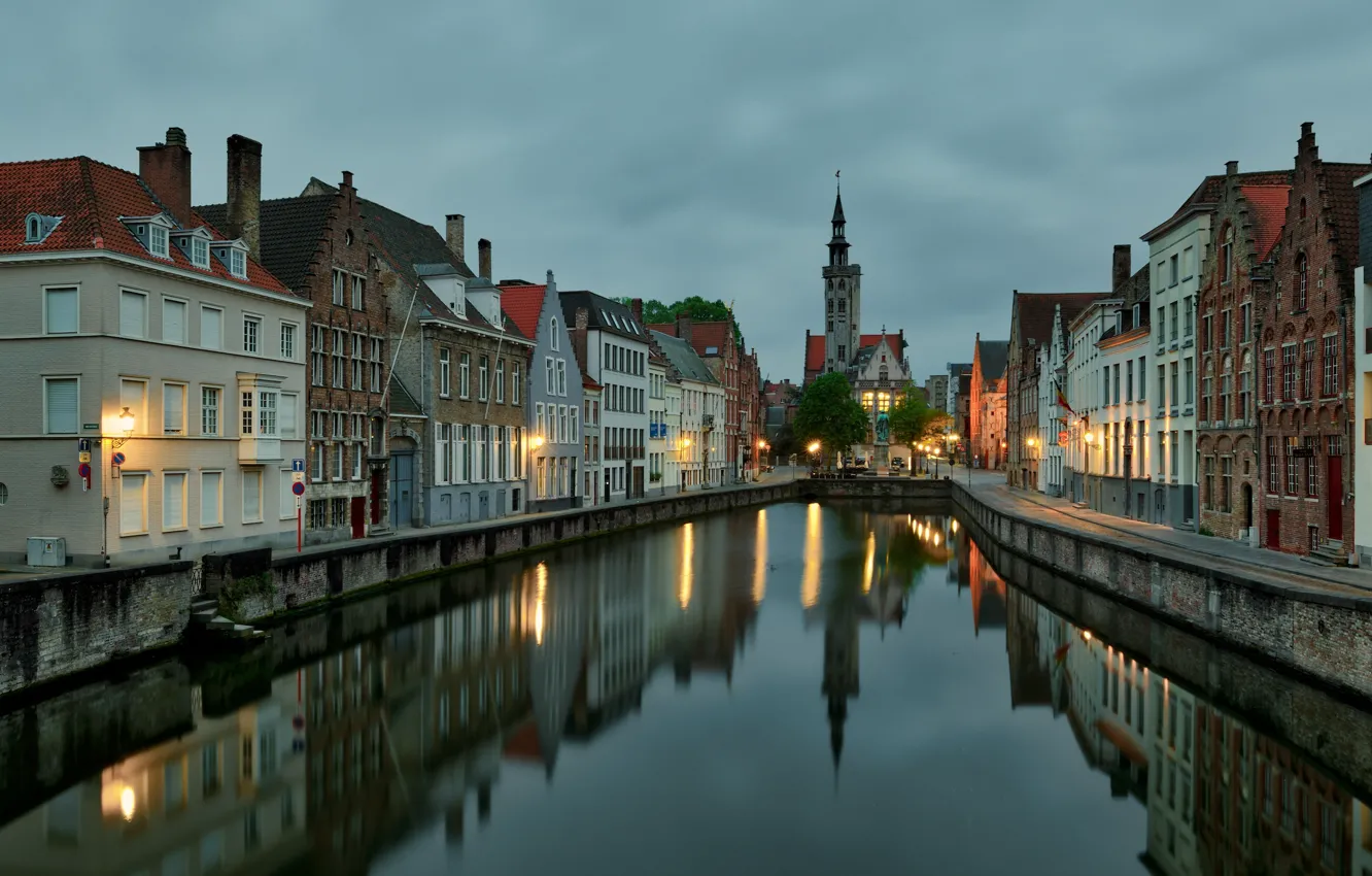 Photo wallpaper the city, reflection, building, tower, home, morning, lighting, lights