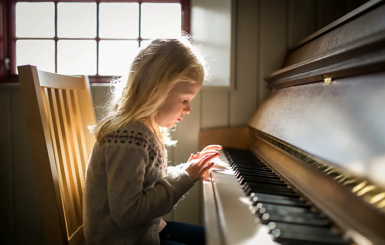 Photo wallpaper light, girl, piano