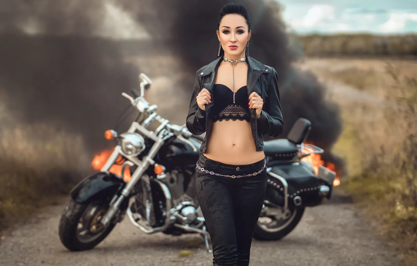 Photo wallpaper girl, fire, smoke, figure, jacket, motorcycle, Diana Lipkina