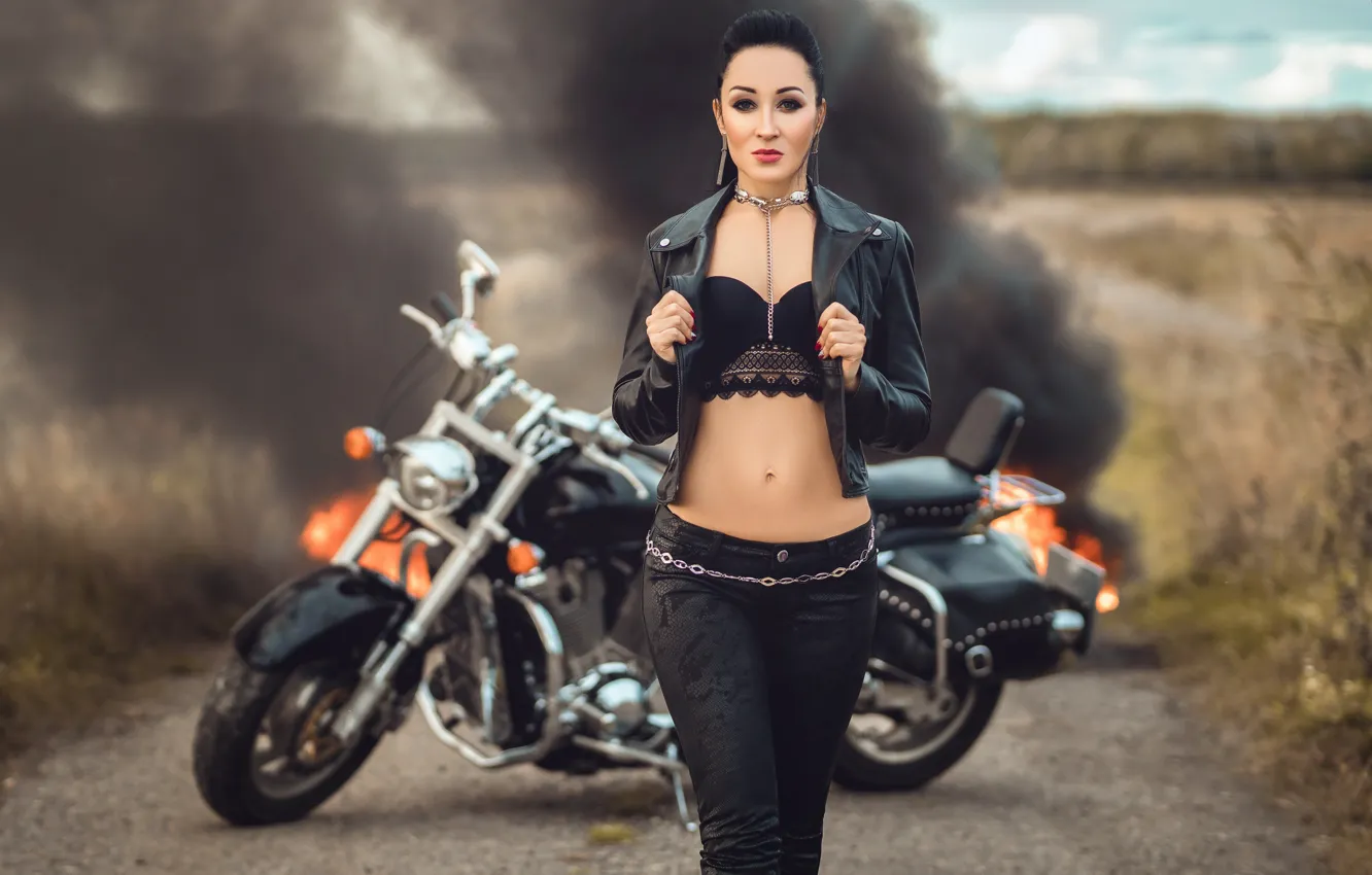Photo wallpaper girl, lights, smoke, figure, jacket, motorcycle, Diana Lipkina