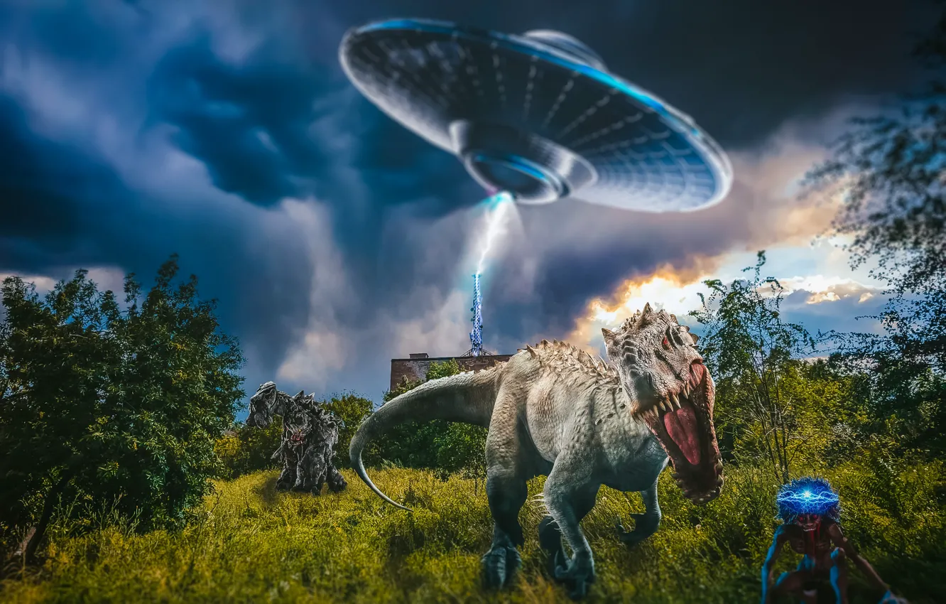 Photo wallpaper monster, UFO, alien, picture, UFO, dinosaur