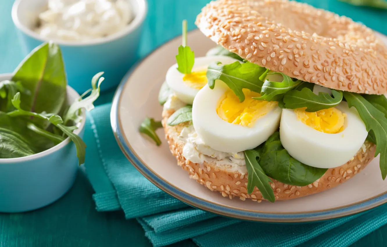 Photo wallpaper food, eggs, plate, sandwich, salad, buns