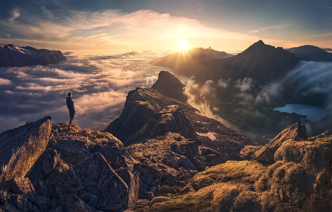 Photo wallpaper Clouds, Sky, Sun, Mountain, Man, High, Smog