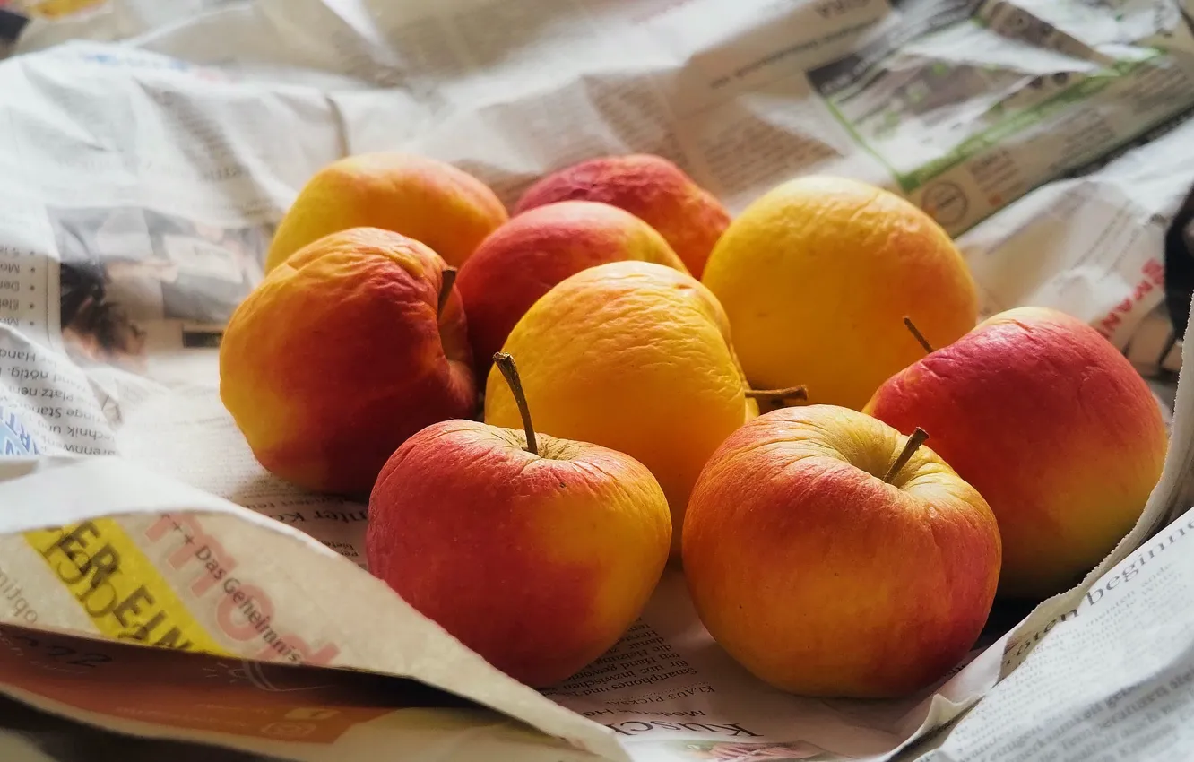 Photo wallpaper autumn, yellow, paper, apples, newspaper, autumn, wrinkles, Withered