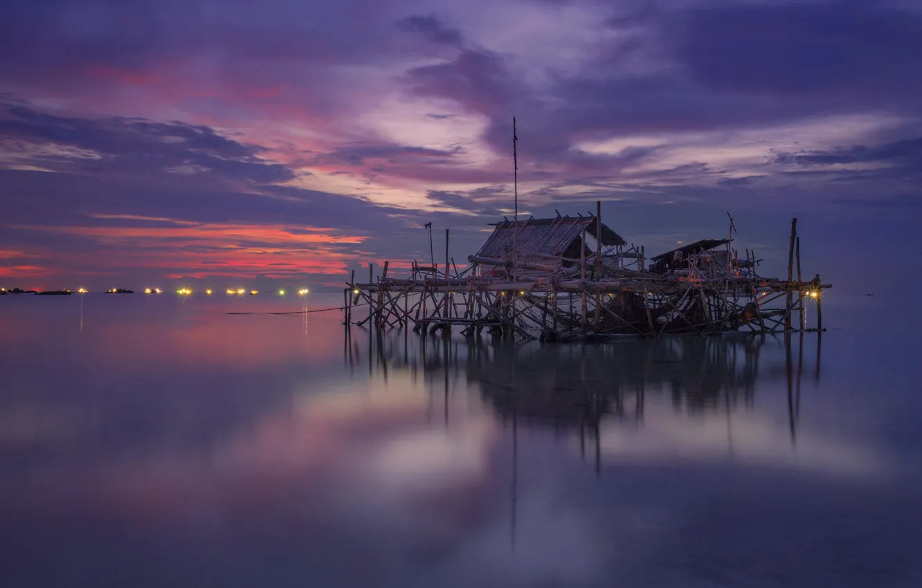 Photo wallpaper sea, the evening, fishing hut