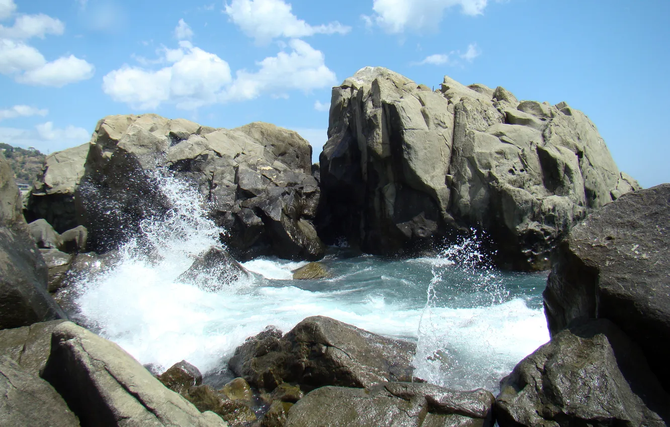 Photo wallpaper sea, wave, squirt, stones, rocks