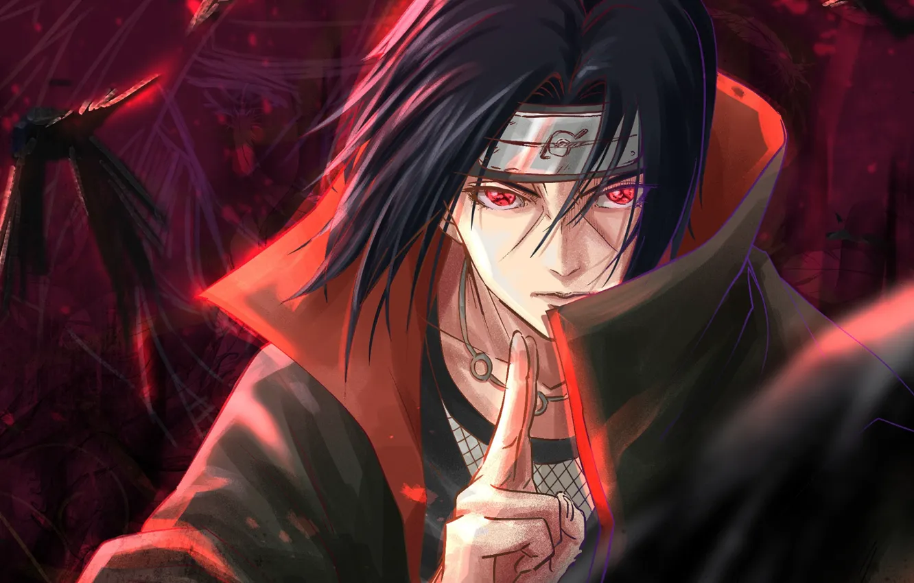 Photo wallpaper look, red eyes, gesture, Itachi Uchiha, ninjutsu, Naruto Shippuden, Naruto shippuuden, bandage on forehead