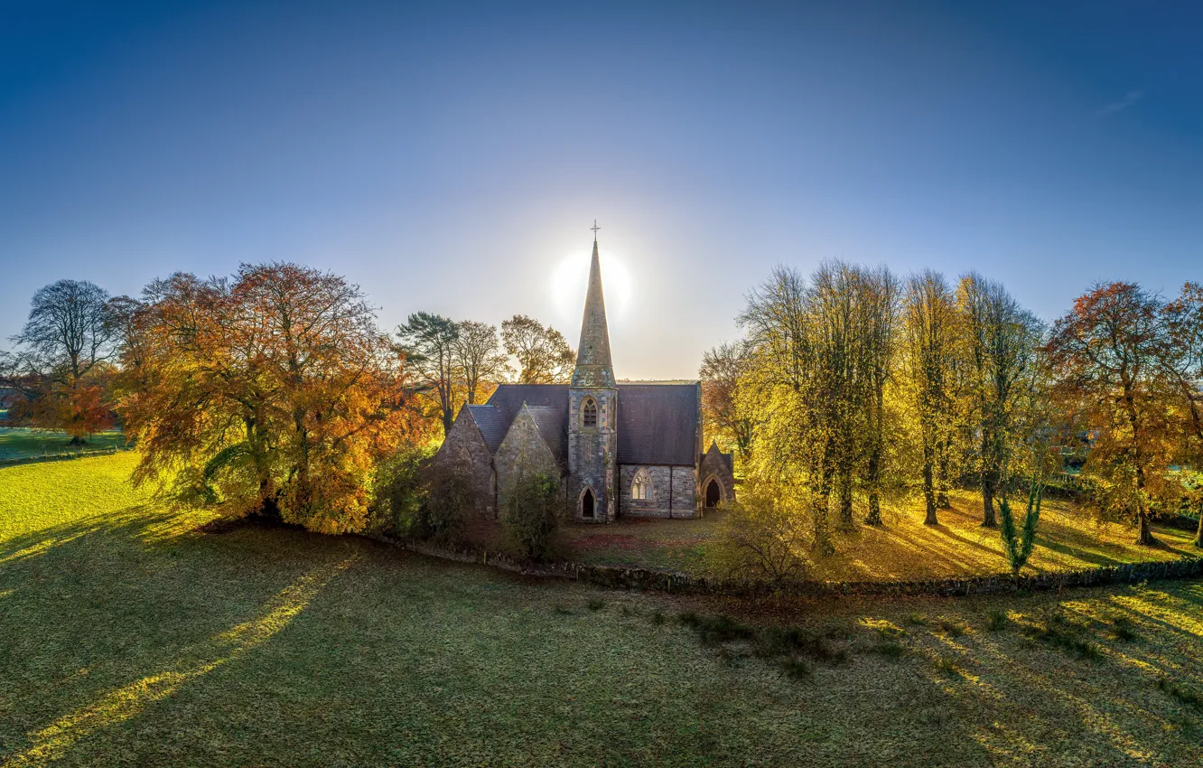 Photo wallpaper autumn, the sun, trees, Church, Northern Ireland