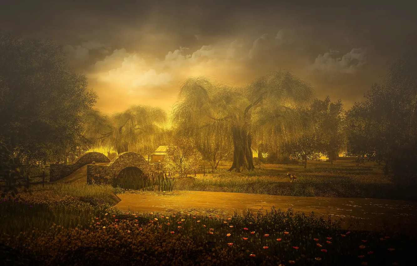 Photo wallpaper summer, the sky, clouds, trees, landscape, sunset, flowers, nature