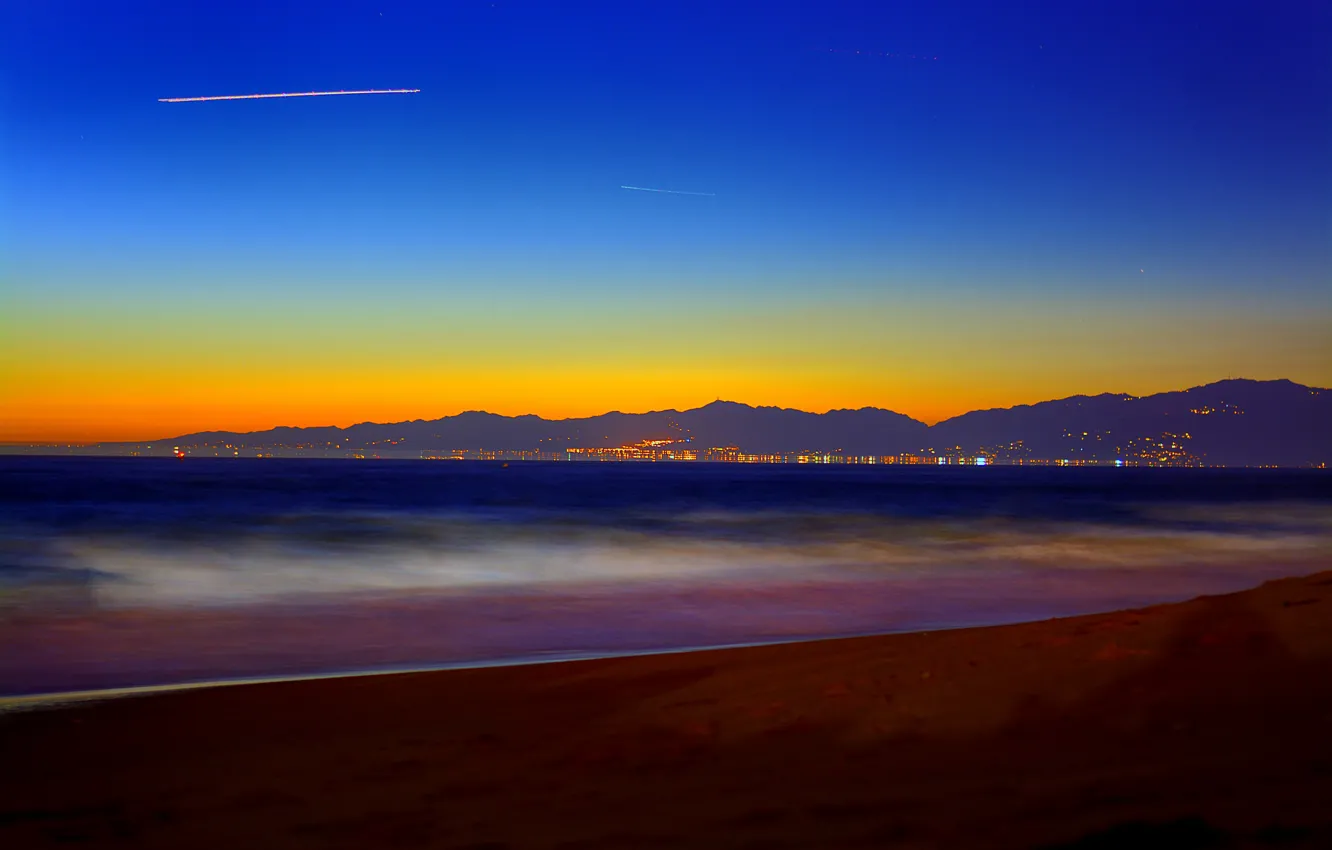 Photo wallpaper sea, the sky, mountains, the city, lights, the evening, USA, Santa Monica