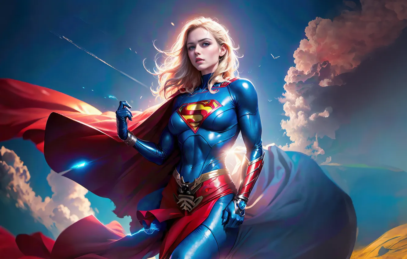 Photo wallpaper girl, sky, art, blonde, Supergirl, Superhero, AI Art