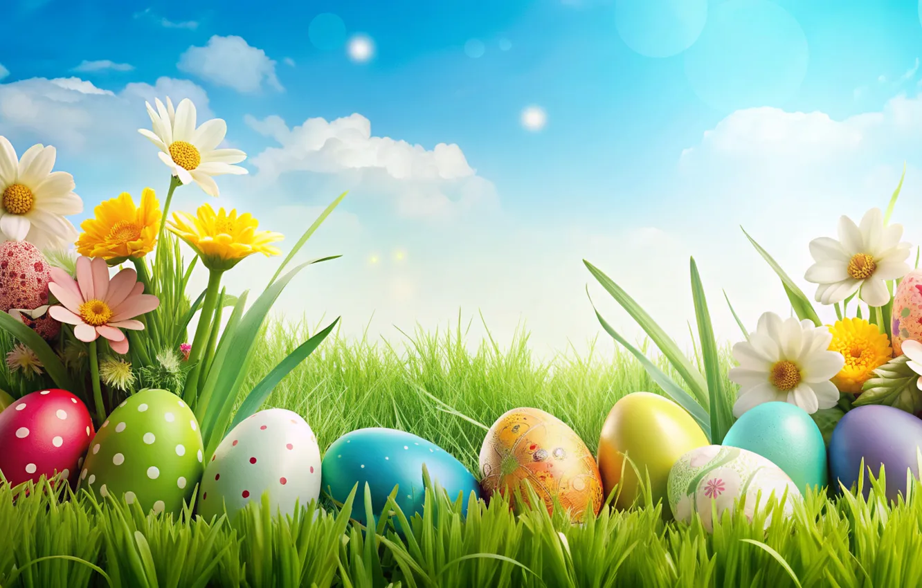 Photo wallpaper flowers, eggs, spring, colorful, Easter, flowers, spring, Easter