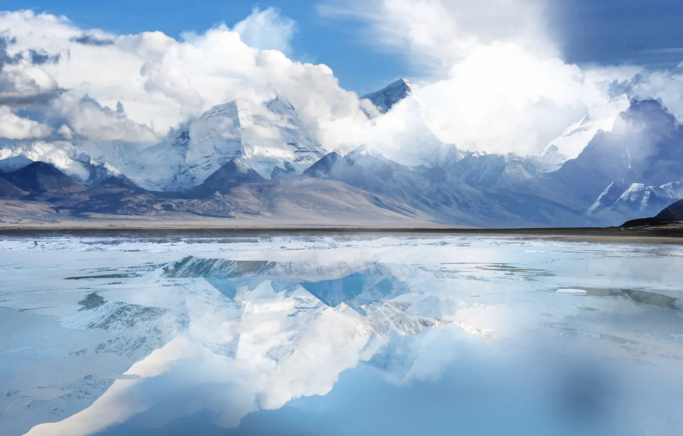 Photo wallpaper ice, reflection, mountains, winter, shore, rocks, clouds, snow