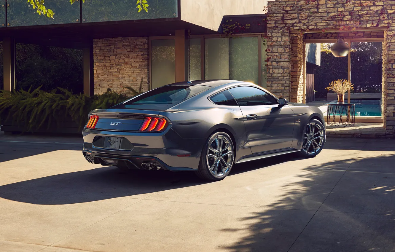 Photo wallpaper Ford Mustang, Grey, 2018, Mustang GT, Rear View, Performance Package
